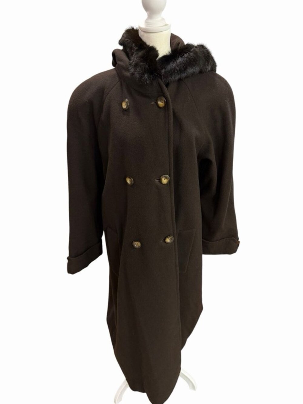 DonnyBrook Womens Size 12 Wool Heavy Dark Brown Hooded Coat Rabbit Fur Hood Trim